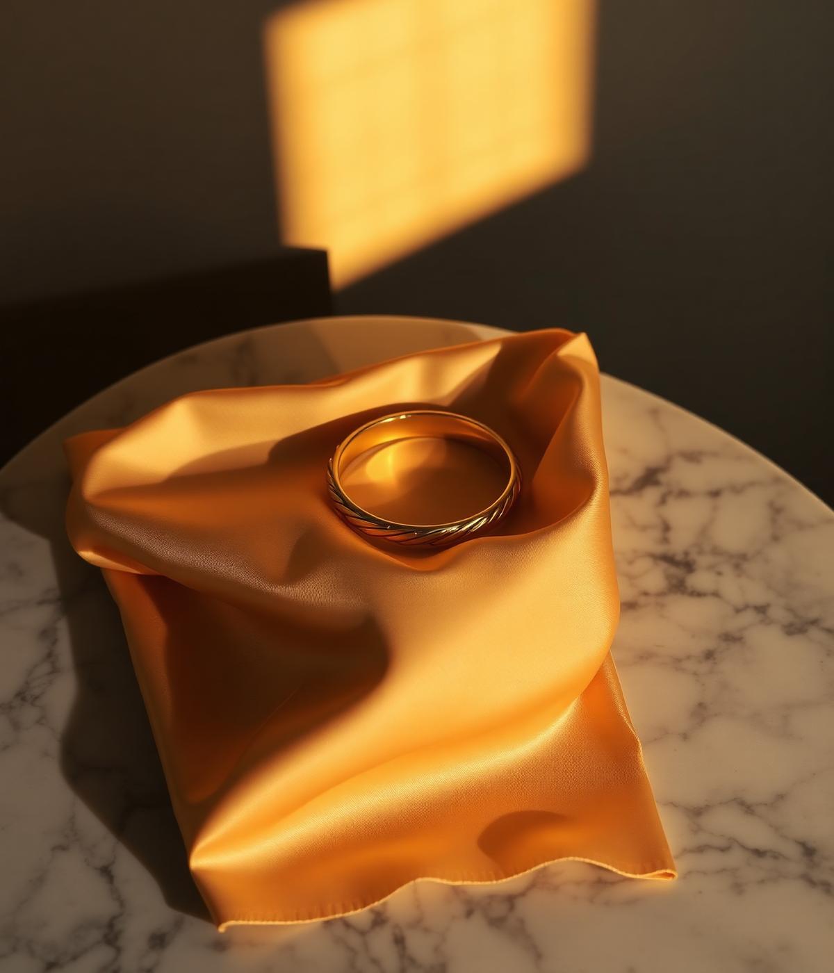 Gold bangle resting on champagne silk in warm sunlight