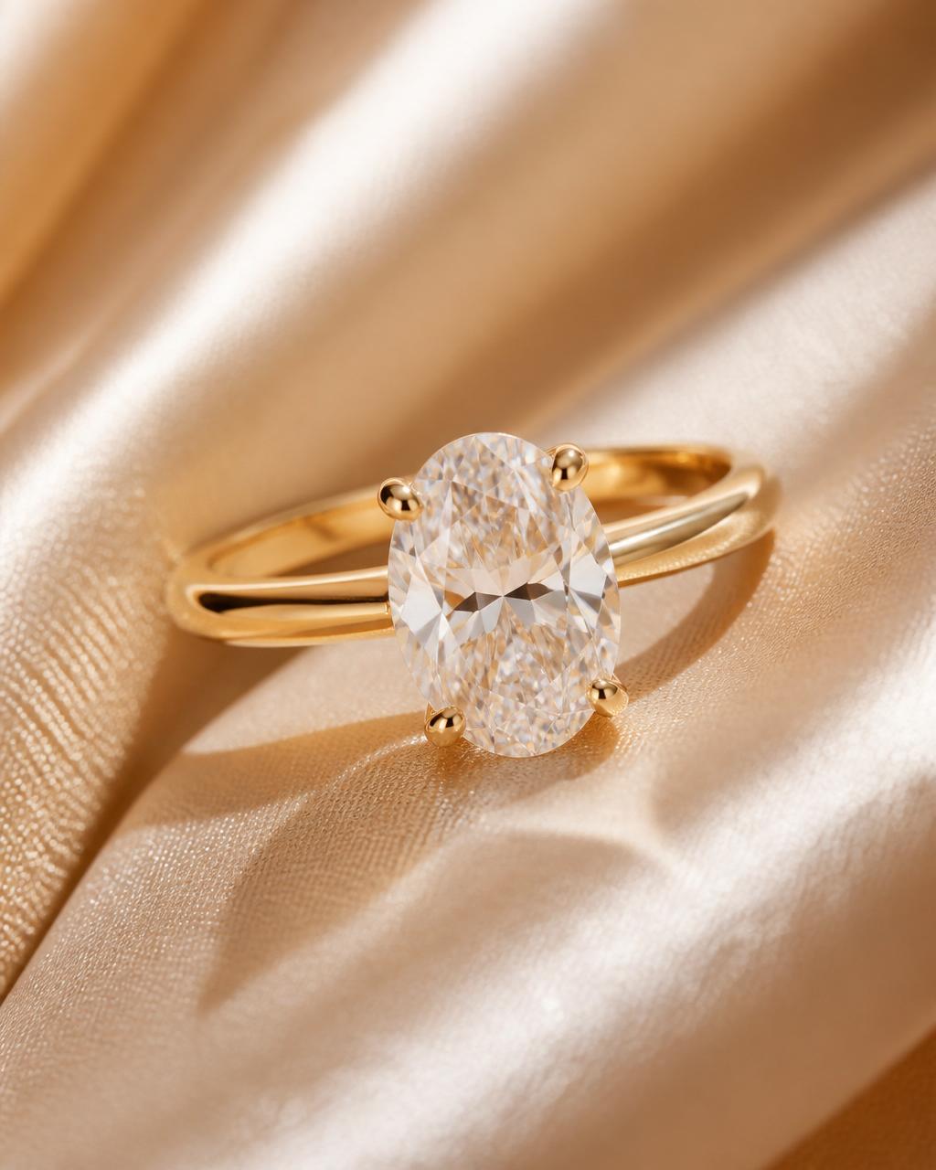 Finished 18K gold oval lab-grown diamond solitaire ring by Nitya Jewellery