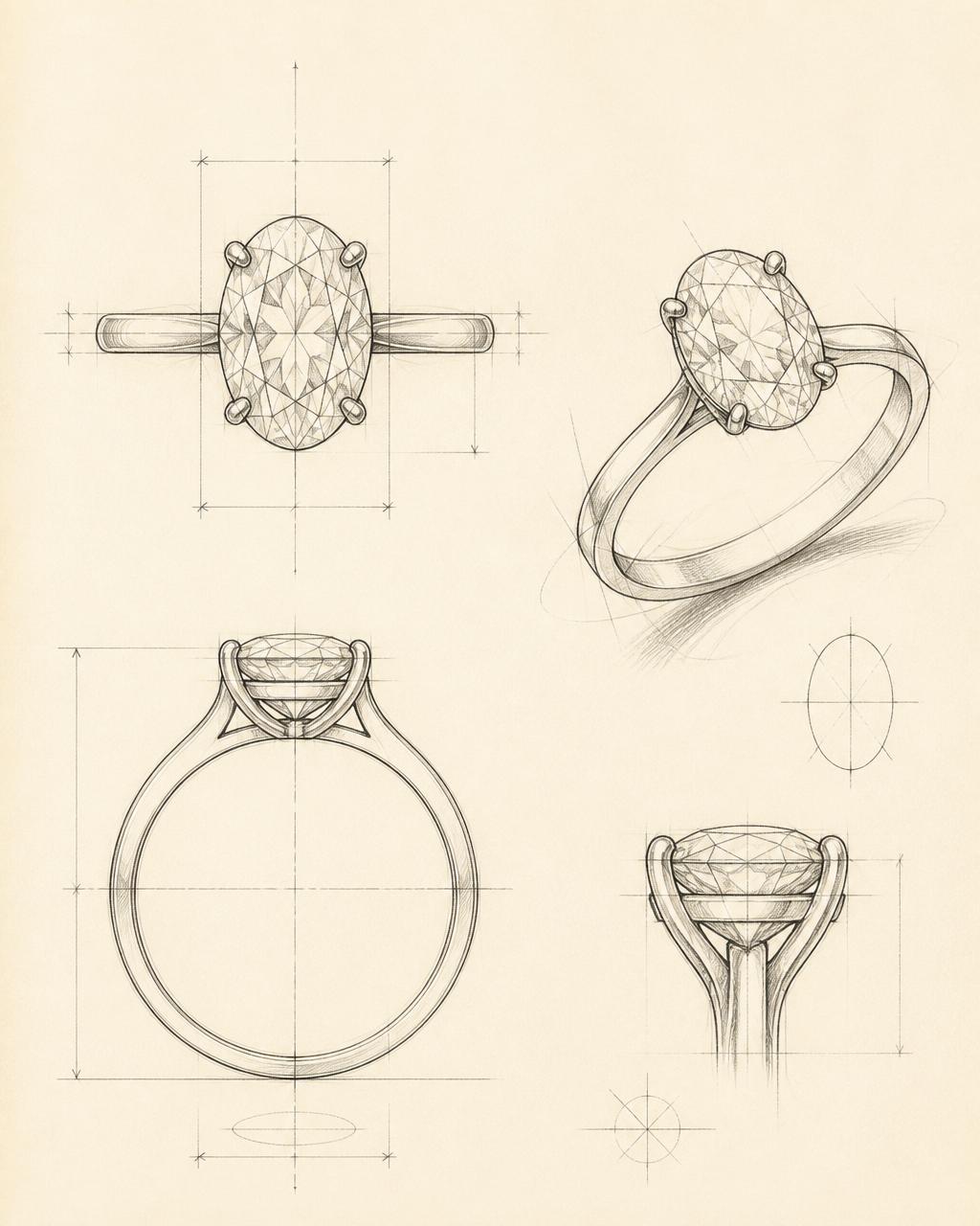 Hand-drawn technical sketch of an oval diamond solitaire ring by Nitya Jewellery