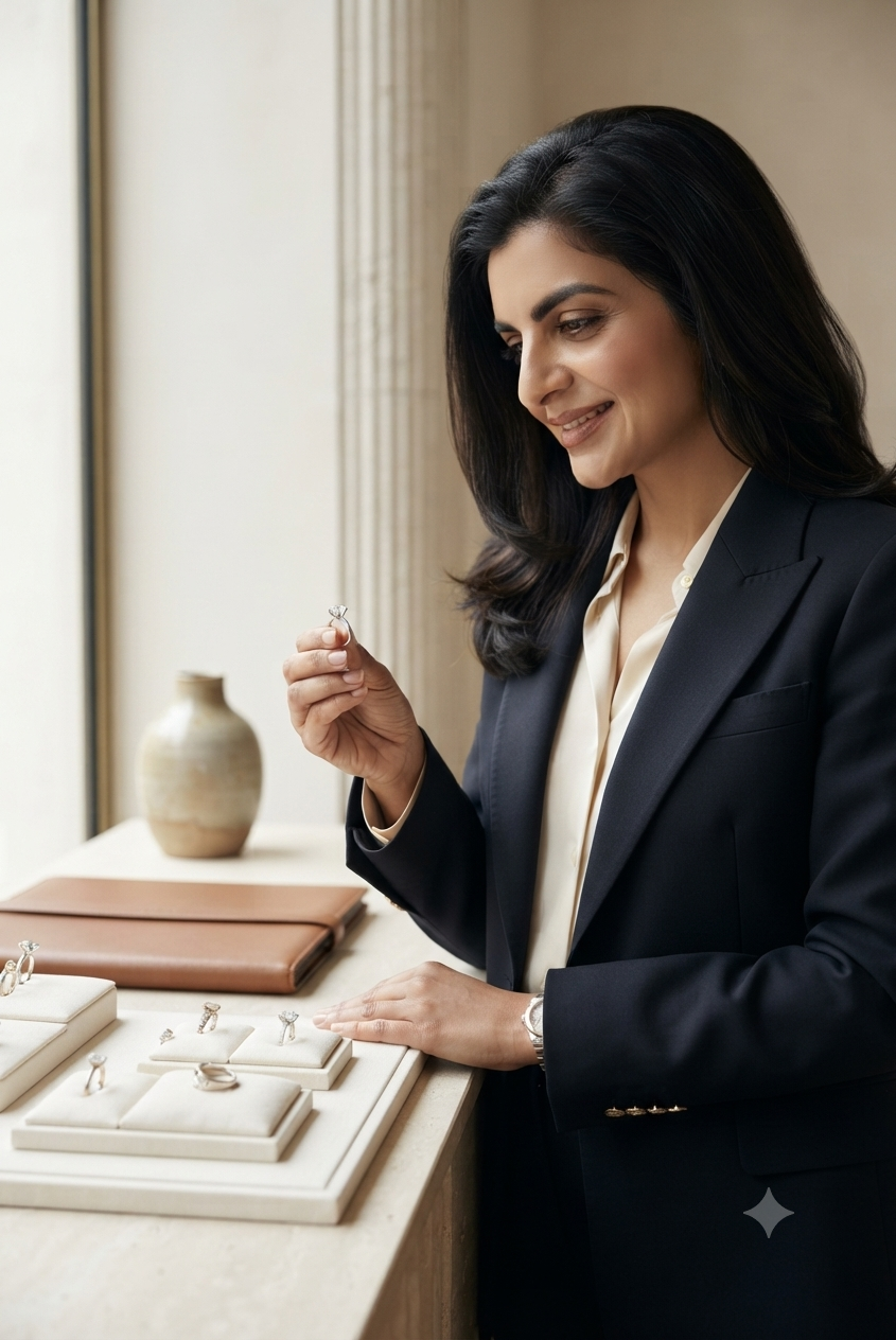 Urvashi, founder of Nitya Jewellery, examining a diamond ring